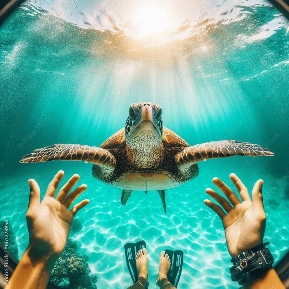 Obraz premium First Person of a Sea Turtle Underwater