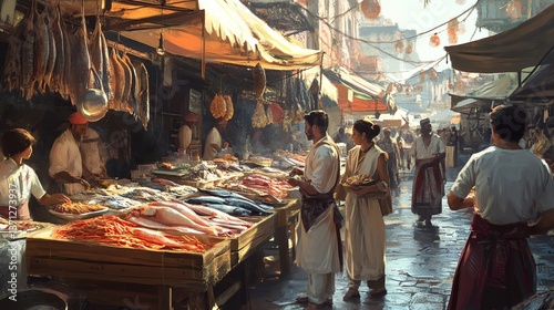 Bustling fish market in a sunlit Middle Eastern or Mediterranean city.