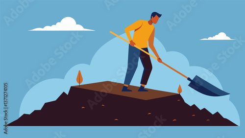 A man using a longhandled ter to slice through layers of compressed peat revealing the dark fibrous material underneath.. Vector illustration