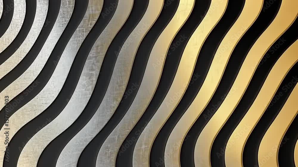 Abstract wavy pattern design in metallic silver, black, and gold tones, suitable for modern decor Abstract wavy pattern design in metallic silver, black, and gold tones, suitable for modern decor