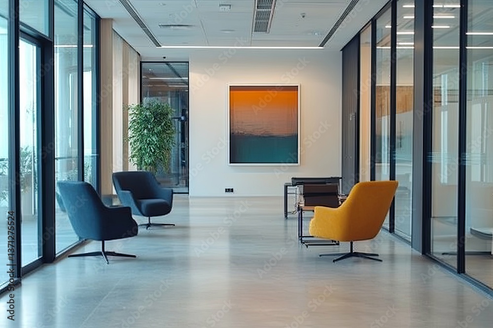 Fototapeta premium Modern Office Hallway Featuring Chairs Artwork and Large Windows