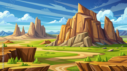 green rugged rock formations desert by an open wind swept plain