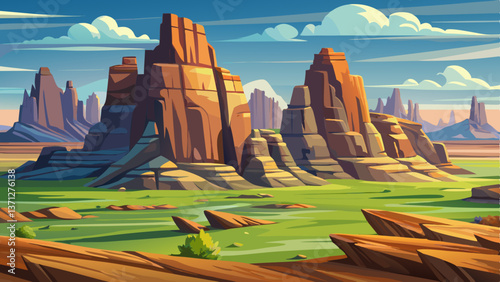 green rugged rock formations desert by an open wind swept plain