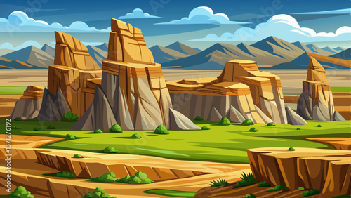 green rugged rock formations desert by an open wind swept plain