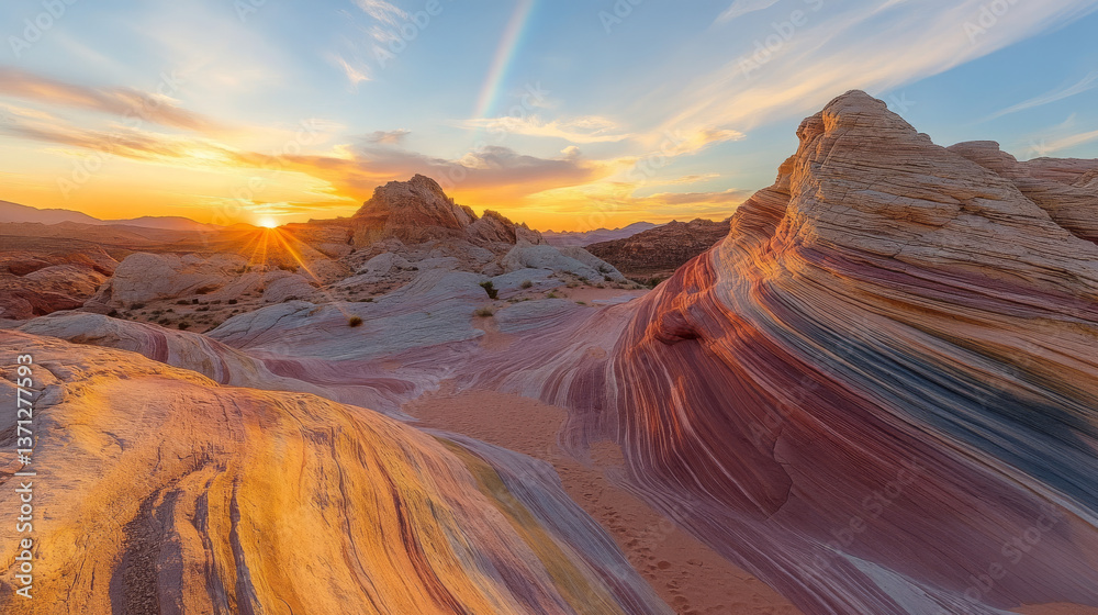 Naklejka premium Scenic view of distant tourist standing on sandstone striped formation against cloudless evening sky with bright rainbows in nevada