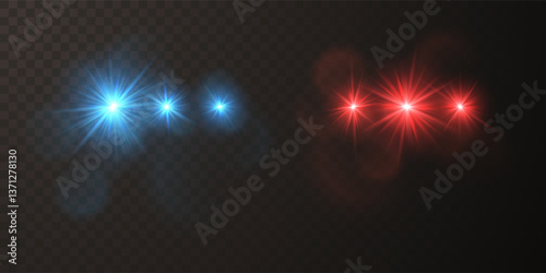 Red and blue flare light rays. Police car siren on transparent bakground. Vector illustration