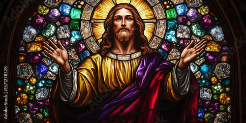 Majestic stained glass window depicting jesus christ with open arms