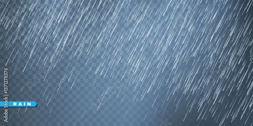 Rain drops on transparent background. Falling water drops. Nature rainfall. Vector illustration