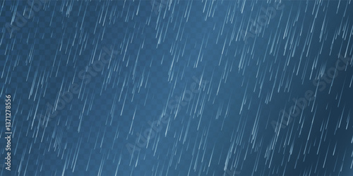 Rain drops on transparent background. Falling water drops. Nature rainfall. Vector illustration