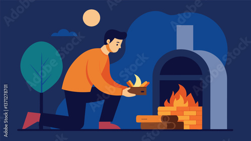 A man carefully arranges pieces of firewood into a neat stack next to his mudbrick stove grateful for the warmth and comfort it will provide on a cold. Vector illustration