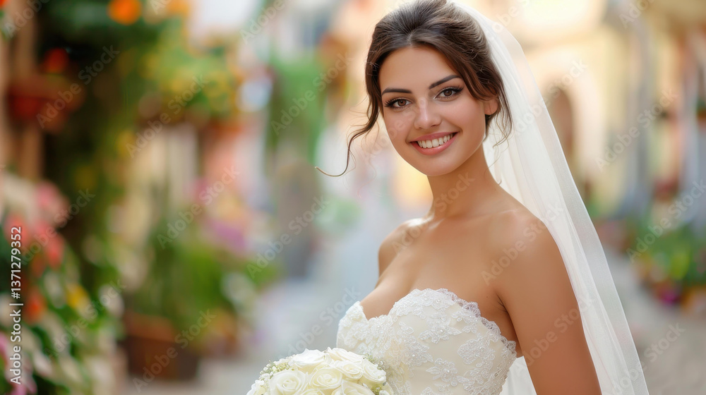Naklejka premium A stunning bride in an elegant white gown poses gracefully against the charming backdrop of historic architecture.