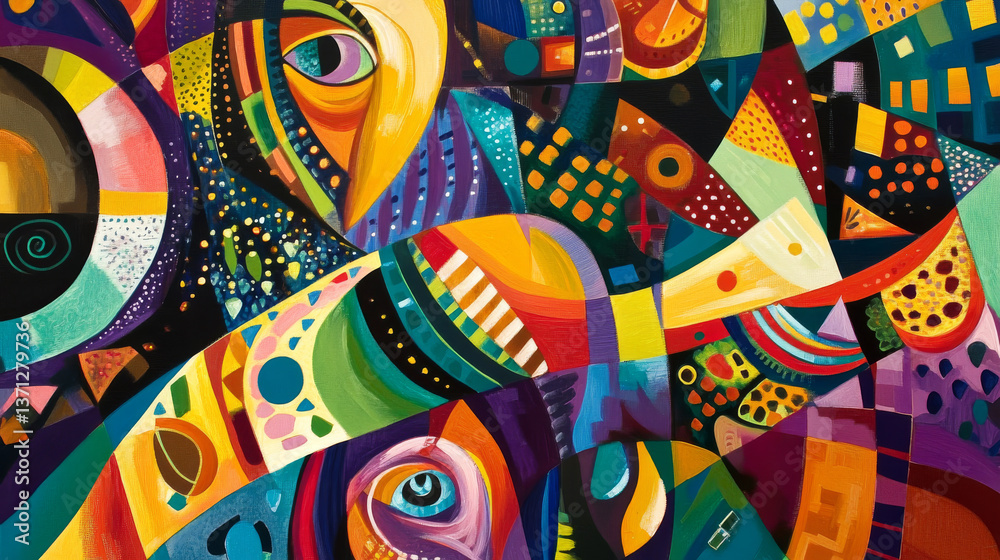 Obraz premium Illustration of colorful different seamless and geometric patterns in neo-primitive expressionism art on abstract background