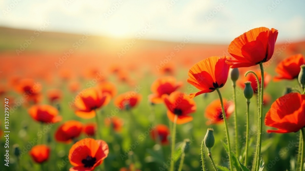 Fototapeta premium Vibrant Red Poppies Blooming in a Sunlit Field at Dawn, a Stunning Display of Nature's Beauty