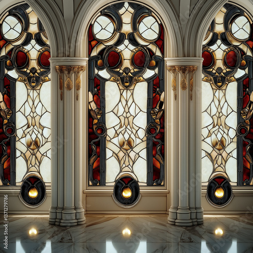 Luxurious palace interior design with stained glass windows illuminating marb...