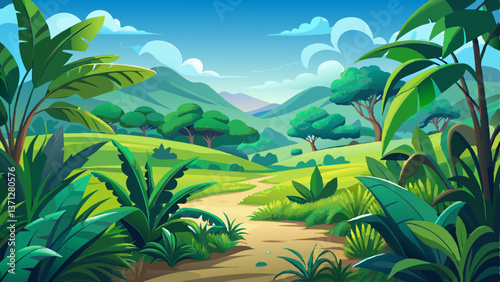 A peaceful scene where green plants cover the land, blending perfectly with the clear blue sky