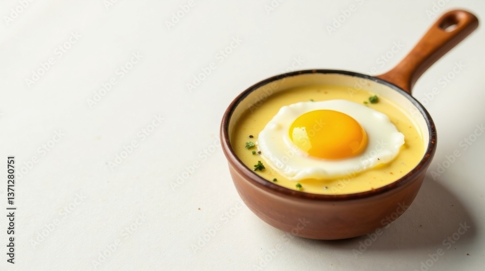 Creamy Yellow Soup Topped with a Perfectly Fried Egg in a Rustic Brown Bowl Creamy Yellow Soup Topped with a Perfectly Fried Egg in a Rustic Brown Bowl