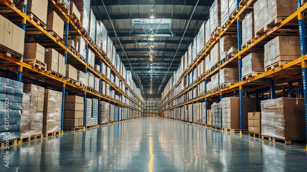 Fototapeta premium Retail Warehouse full of Shelves with Goods in Cardboard Boxes and Packages. Logistics, Sorting and Distribution Facility for Product Delivery.