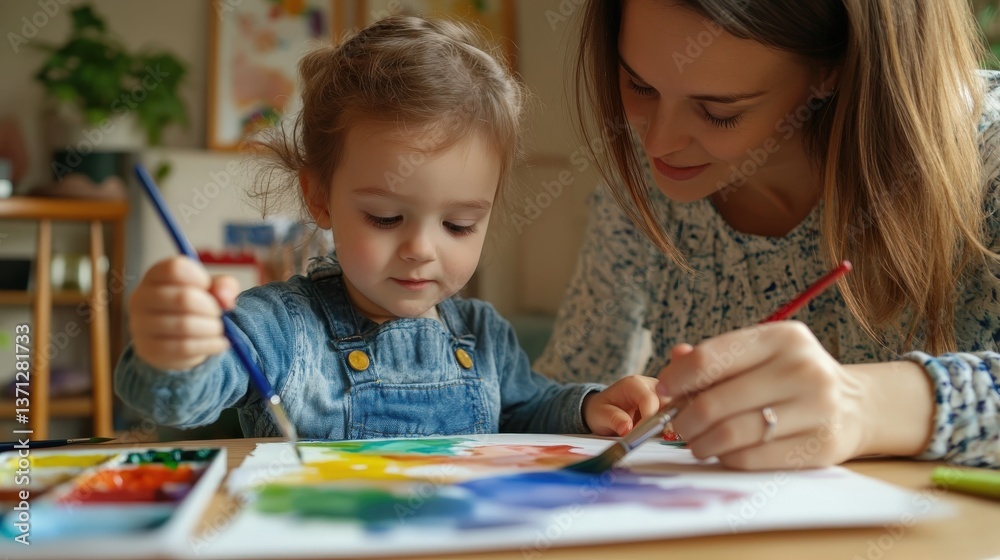 Fototapeta premium Mother and child are painting colorful art together inside their home