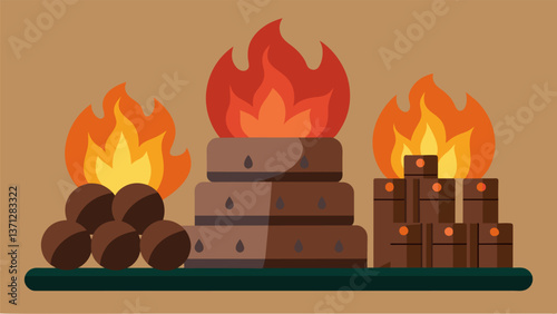 A display of different types of peat briquettes some made from pure peat others blended with wood or other materials for various burning properties.. Vector illustration