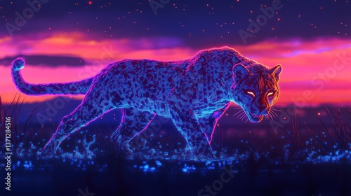 Neon Leopard Stalking at Twilight with Vibrant Sky and Futuristic Glow