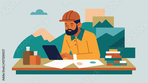 A lone geologist sits at a desk intently examining old maps and geological reports to piece together a complete picture of the lands composition.. Vector illustration