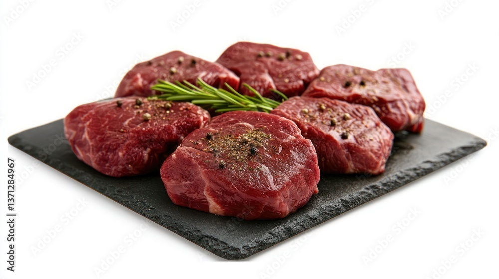 Fresh cuts of beef tenderloin arranged on a slate platter with rosemary garnish, ideal for culinary use Fresh cuts of beef tenderloin arranged on a slate platter with rosemary garnish, ideal for culinary use