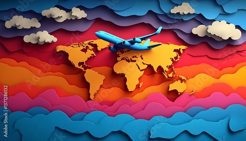 World map, airplane, colorful clouds