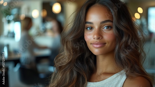 A woman with flowing hair and a warm smile enjoys time in a modern cafe. Bright lighting enhances the inviting atmosphere as she engages with her surroundings