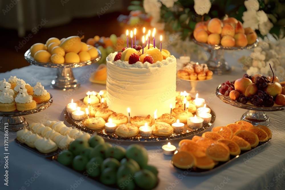 Naklejka premium A party table with fruit platters, pastries, and a cake surrounded by candles