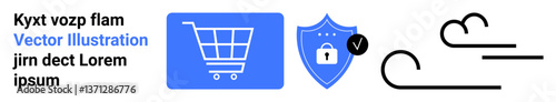 Blue shopping cart icon, security shield with lock and checkmark, and abstract wind lines. Ideal for online shopping, security, trust, delivery, e-commerce platforms, user safety simple landing page
