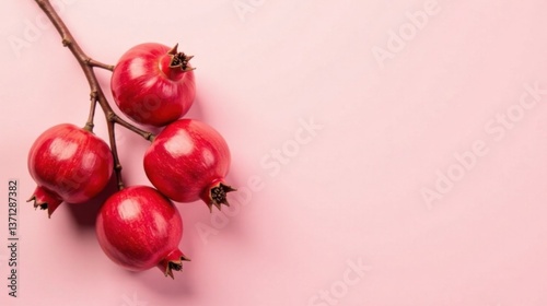 A vibrant branch of ripe pomegranates arranged artfully on a soft pink backdrop, showcasing their juicy red hues and natural beauty.