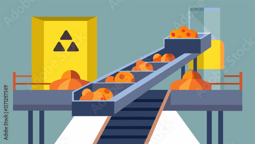 A conveyor belt carrying large chunks of uranium through a processing plant ready to be refined for use in nuclear power plants.. Vector illustration