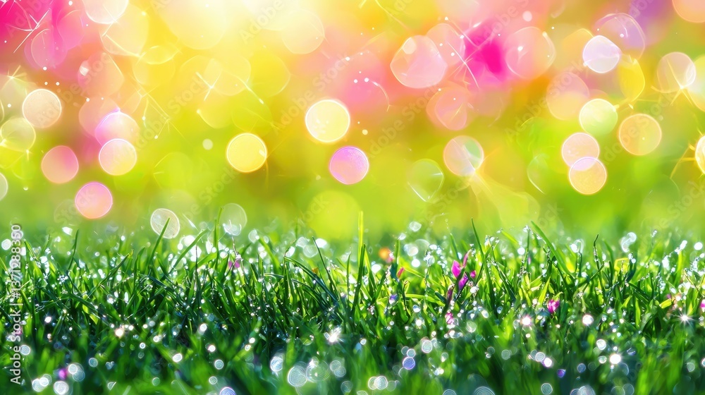Obraz premium Dewy grass field with bright bokeh. Nature's vibrant glow. Background use