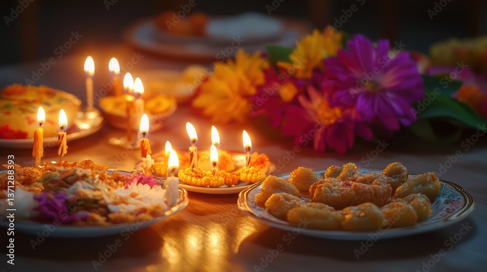 Fototapeta premium A peaceful traditional birthday with glowing candles, colorful flowers, and plates of local delicacies adorning the table