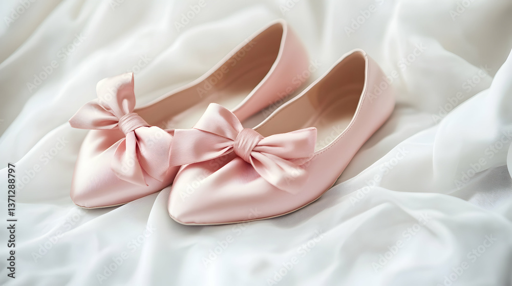 Pink Ballet Flats with Bow on White Fabric Pink Ballet Flats with Bow on White Fabric