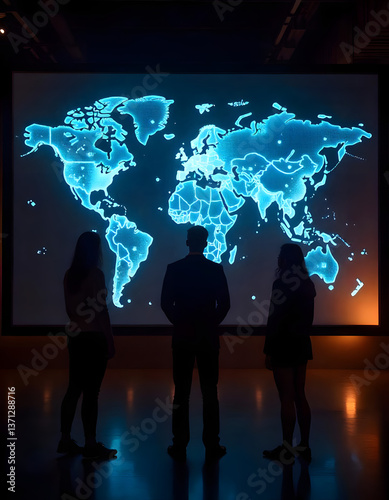 business people on the world Global business people silhouette team network abstract map.