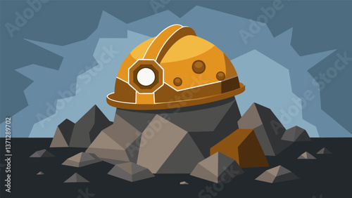 A corroded mining helmet sits atop a pile of rubble its visor cracked and tarnished.. Vector illustration