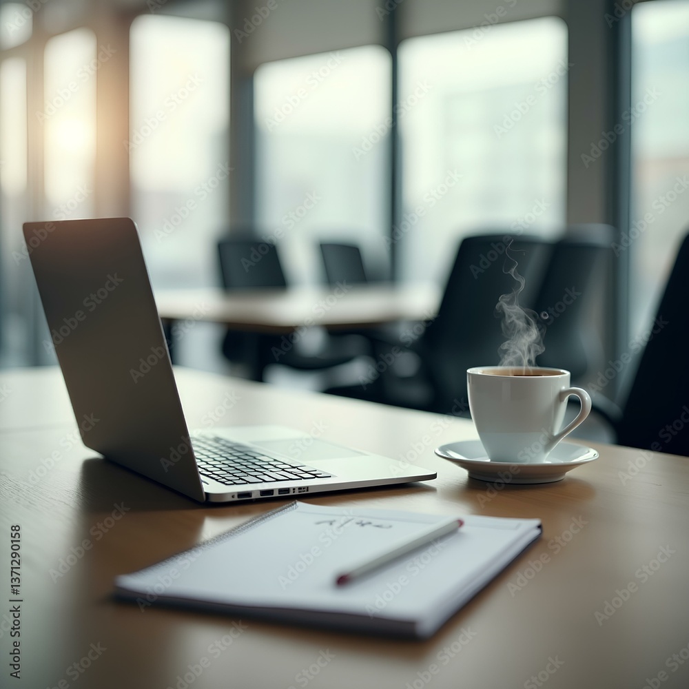 Fototapeta premium A modern office workspace with a laptop, coffee cup, and notepad, professional stock photo style