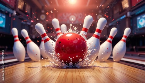 Red Bowling Ball crashing into the pins. Illustration of bowling strike