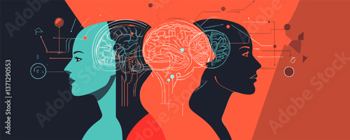 Abstract dual human minds and brain connection on colorful background - vector