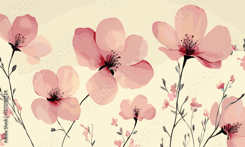 Elegant pink pastel flowers on beige background - spring floral decoration - vector
