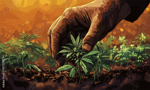 Hand planting young cannabis seedlings in soil with sunlit background vector