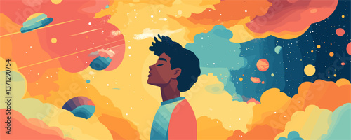 Dreamy space scene with peaceful young man amidst colorful cosmic clouds - vector