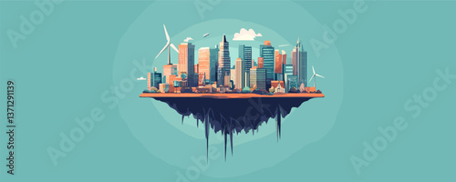Futuristic floating city with wind turbines and skyscrapers on island - vector