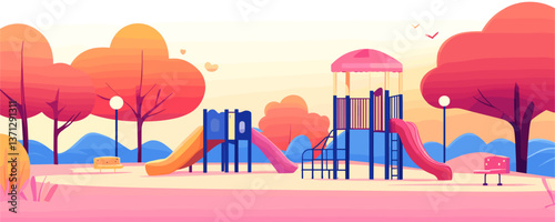 Vibrant playground with slides and trees at sunset - vector