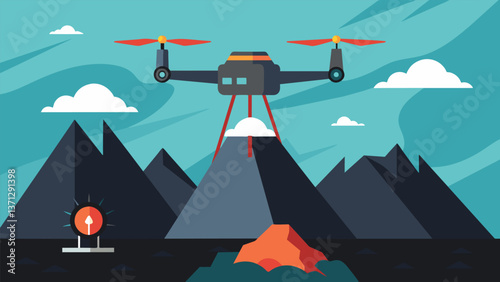 A drone flying over a coal mine equipped with advanced sensors to detect ane leaks and help target capture efforts.. Vector illustration