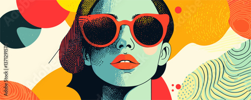 Stylish woman in bold sunglasses with abstract patterns and colorful background – vector