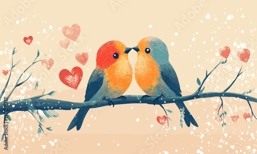 Pair of colorful lovebirds on branch surrounded by hearts, romantic animal scene, vector