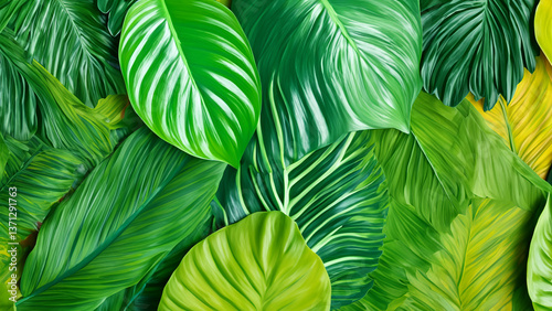 Texture background with different exotic leaves