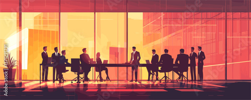 Business meeting at sunrise in modern office with city view - vector